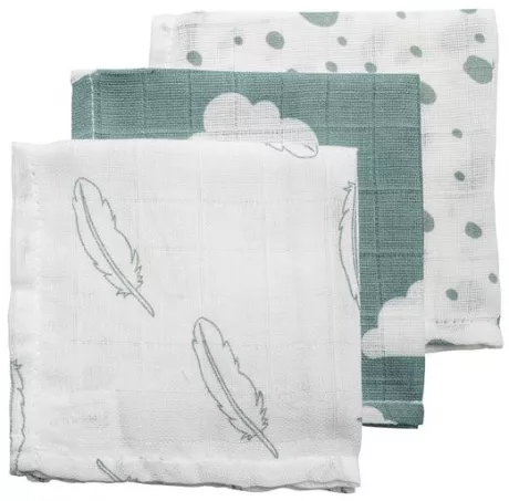 Meyco - Mulltuch / Waschtuch - 3er Pack - 30 x 30 cm - Federn Wolken Dots - Grün - Babyartikel.de