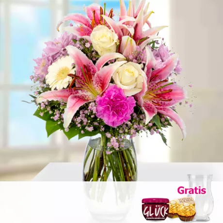 Blumenstrauß Traumfänger mit Vase & 2 Ferrero Rocher & GLÜCK-Marmelade - Blumen online verschicken auf 123Blumenversand.de