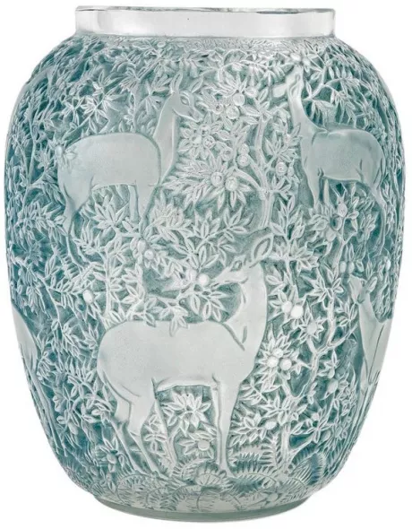 1932 René Lalique Original Biches Vase in Frosted Glass with Bleu Patina For Sale at 1stDibs