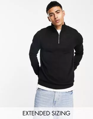 ASOS DESIGN – Mittelschwerer Pullover aus Baumwolle mit halblangem Reißverschluss in Schwarz | ASOS