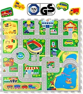 Hakuna Matte Puzzlematte für Babys City 1,2x1,2m – TÜV SÜD GS Zertifizierte Krabbelmatte – 20% dickere Spielmatte in einer umweltfreundlichen Verpackung – 16 Puzzlematten mit Straßen und 11 Fahrzeugen: Amazon.de: Spielzeug