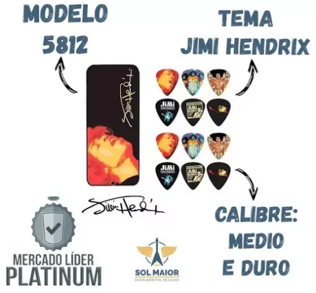 Latinha C/ 12 Palhetas Jimi Hendrix Grossa Média Dunlop 5812 | Parcelamento sem juros