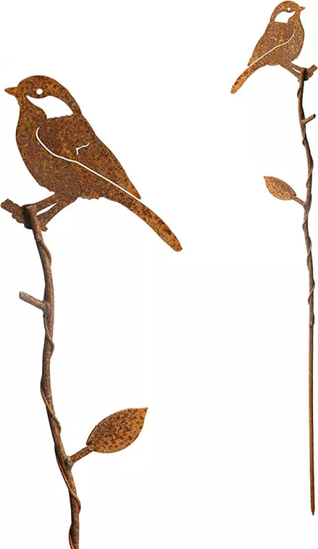 Gartenstecker Rost Vogel aus Metall verrostet Stecker Gartendekoration Beet Stab Bodenstecker Edelrost Spieß (Kohlmeise)