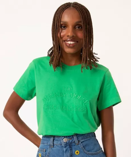 camiseta de algodão manga curta mickey mouse verde médio - C&A