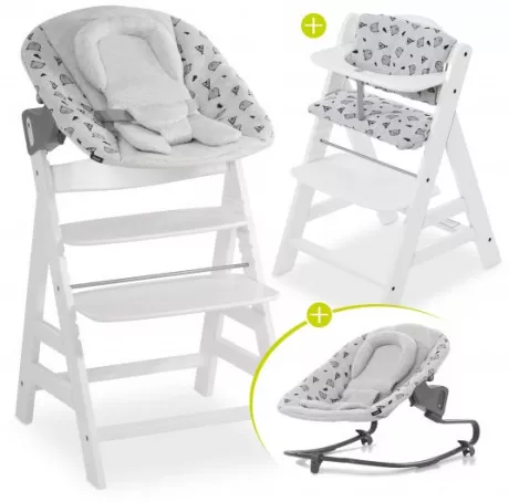 Hauck - Alpha Plus White Newborn Set - 4-tlg. Hochstuhl + Aufsatz & Wippe Premium Nordic Grey + Sitzpolster - Babyartikel.de