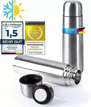 Edelstahl Thermosflasche mit Becher; Thermoskanne Doppelwandige Isolierkanne; Auslaufsicher, Spülmaschinenfest & BPA-frei; hält Getränke heiß & kalt (Silber, 500 ml) : Amazon.de: Küche, Haushalt & Wohnen