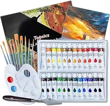 Topsics 37 PCS Acrylfarben Set, 24 x 12ml NON-TOXIC AcrylfarbenSet für Anfänger, Künstler, mit 10 pcs pinsel,1Mischpalette, 1 Leinwand, and 1 Scraper, Perfekt für Leinwand, Holz, Stoff : Amazon.de: Küche, Haushalt & Wohnen