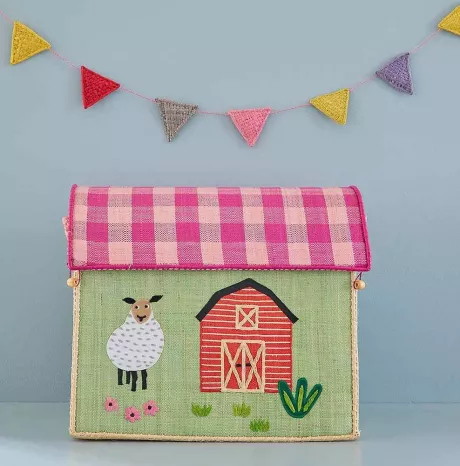Für Philippas Kinderzimmer :) Rice Spielzeugkorb Grün Pink Bauernhof Schaf Spielzeugkiste für Kinder 54x34cm kaufen | ZEITZONE