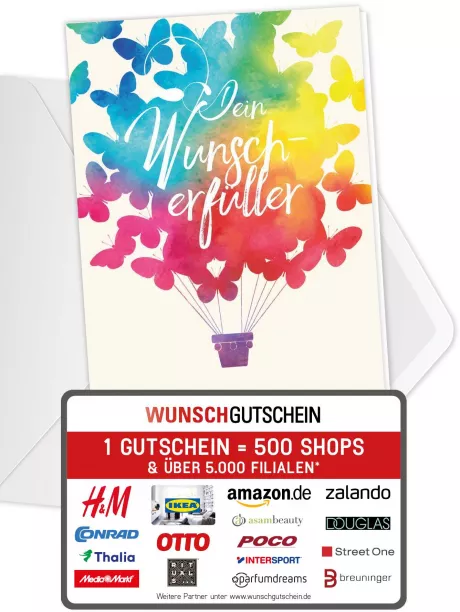Wunscherfüller Gutschein - Geschenkgutschein für 500 Shops* - 15€ bis 200€ - mit Grußkarte
