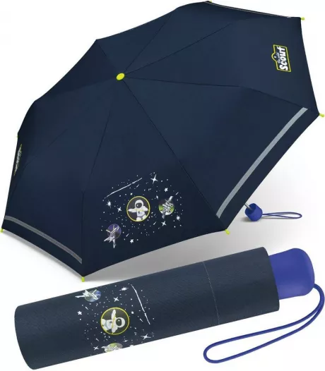 Scout Taschenregenschirm Space - Mini Kinderschirm, leicht, reflektierend und bedruckt, Regenschirm für Kinder der Marke Scout, Typ Taschenschirm mit Handöffner.