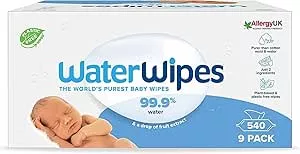 WaterWipes Plastic-Free Original Baby Wipes, 540 Wipes (9 Packs), 99.9% Water-Based Cleaning Wipes, Unscented for Sensitive Skin : Amazon.de: Baby Products