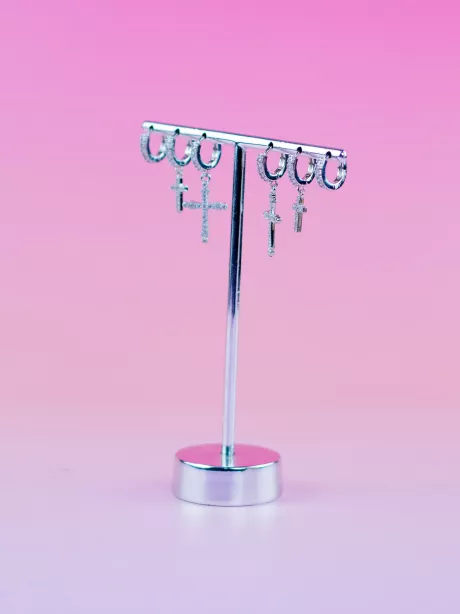 Brinco Trio Argolinha de Zircônia com Pingente de Cruz Prata