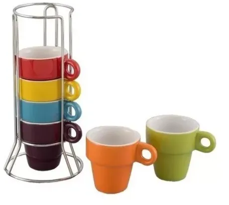 Jogo Xícaras De Café 6 Und 50ml Porcelana Colorida Suporte | Frete grátis