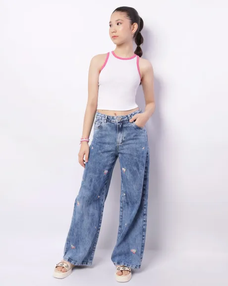 Calça Jeans Juvenil Wide Leg Com Bordado Marmorizado Azul