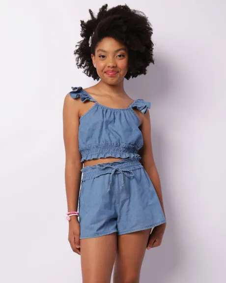 Conjunto Juvenil Jeans Curto Com Lastex Azul