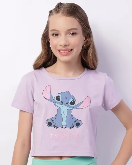 Camiseta Juvenil Cropped Disney Stitch Manga Curta Lilás