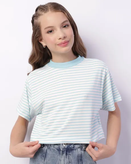 Blusa Juvenil Cropped Manga Curta Listrada Azul