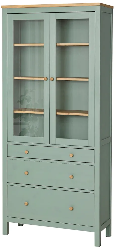 HEMNES Vitrine mit 3 Schubladen, graugrün/hellbraun lasiert, 90x197 cm - IKEA Deutschland