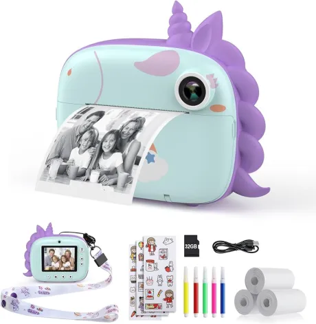HiMont Kinderkamera Sofortbildkamera, Digitalkamera für Kinder mit Druckpapier & 32G TF Karte, VideoKamera mit farbigen Stiften & lustige Accessoires, Geschenk für Kinder 3-14 Jahren: Amazon.de: Spielzeug