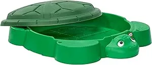 little tikes Turtle Sandbox - Grüner Sandkasten mit 4 geformten Sitzen, Schirmschlitzen und Abnehmbarem Deckel