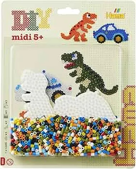 Hama Perlen 4215 Bügelperlen Dino und Auto, Blisterpackung mit ca. 1.100 Midi-Perlen, 2 Stiftplatten zum Zusammenstecken, Bügelpapier und Anleitung, für Kinder ab 5 Jahren: Amazon.de: Spielzeug
