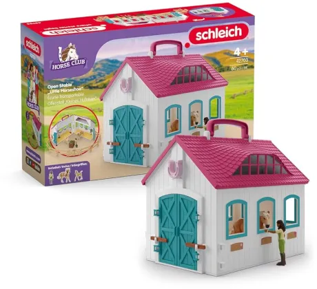 schleich HORSE CLUB | Offenstall "Kleines Hufeisen" 42703 | Set inkl. Stall, 2 Pferde, bewegliche Mädchenfigur & Zubehör | tolles Geschenk für Mädchen und Jungen | Spielzeug ab 5 Jahren | 60 Teile: Amazon.de: Spielzeug