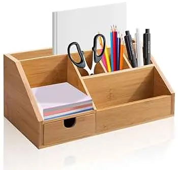 Schreibtisch Organizer Holz, Schreibtischablage Büro Organizer mit Schublade, Stiftehalter aus Bambus, Ausziehbare Schublade Organizer für Stift, Schere, Lineal und A5-Blättern Verstaut Werden: Amazon.de: Bürobedarf & Schreibwaren