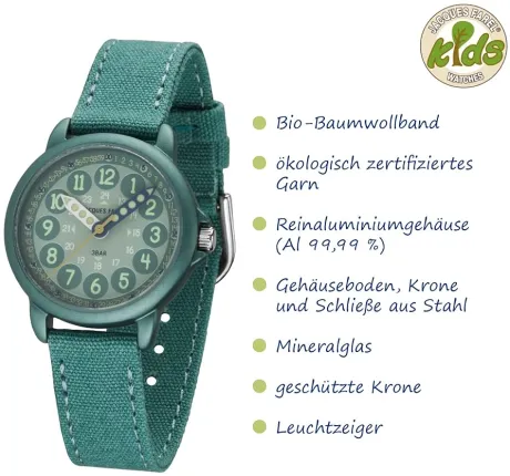 JACQUES FAREL Lernuhr Öko Kinderuhr Jungen Armbanduhr Analog Quarz mit Textilarmband aus Bio-Baumwolle Jade-Blau Türkis Nachhaltig ORGT 1114 : Amazon.de: Fashion