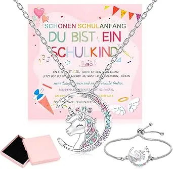 SREBIWO Einschulung Schultüte Geschenk Schulkind Geschenk Einhorn Halskette für Mädchen Schultüte Füllung Schulanfang mit Grußkarte Geschenkbox : Amazon.de: Fashion