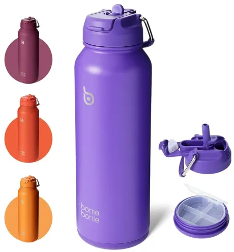 bottlebottle BOTTLE BOTTLE Sport-Trinkflasche, Edelstahl, isoliert, mit Strohhalm und Pillenhalter, 1l (Dunkelviolett) : Amazon.de: Sport & Freizeit