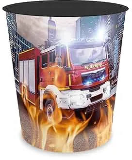 itenga Papierkorb für Kinder mit Motiv - rund ca. 11 Liter - Mülleimer fürs Kinderzimmer - stabiler Kunststoff (Motiv Feuerwehr)