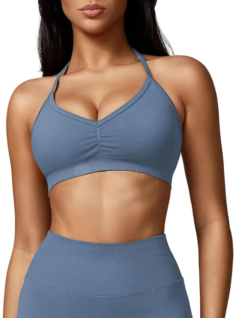 ZAAYO Damen Sport BH Rückenfreie Neckholder Gym Bra Crush Halter Sport BHS Gepolsterte Push Up Bras Mittlere Unterstützung Workout BH Workout Yoga Top Taubenblau S : Amazon.de: Fashion