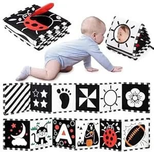 URMYWO Kontrastbuch Baby, Schwarz Weiß Doppelseitig Baby Stoffbuch, Soft Bilderbuch aus Stoff mit Spiegeln, Kinderwagen Kontrast Spielzeug Baby 0 3 6 Monate Geschenk für Babys : Amazon.de: Spielzeug