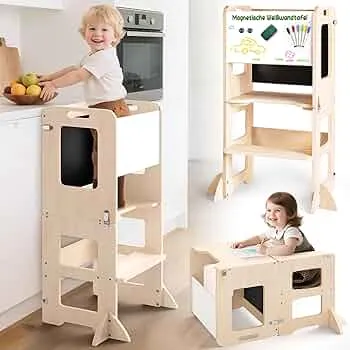 Woodure Montessori Folding Learning Tower from 1 Year, 4-in-1 Montessori Learning Tower for Children with Fall Protection, Learning Tower with Chalkboard and Whiteboard