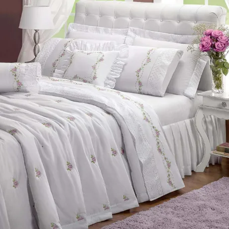 Cobre Leito Queen Algodão 06 Peças Com Almofada Bordada