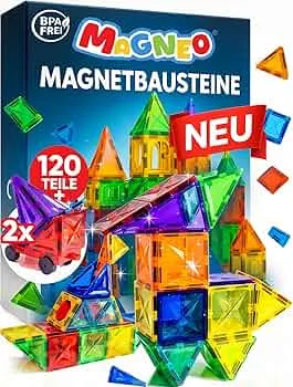 Magneo® Magnetische Bausteine (120 teilig inkl. 2 Autos) - Magnetbausteine für Kinder ab 3 Jahren - Pädagogisches Magnetspielzeug - Kreatives Magnet Spiel mit starken Magneten - Geschenk Idee: Amazon.de: Spielzeug