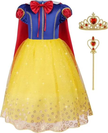 Aomig Weißer Schnee Prinzessin Kostüm Kinder, 4-teiliges Set Mädchen Kleid mit Krone und Zauberstab, Cosplay Lang Kleidung für Karneval Verkleidung Halloween Geburtstag Party (110cm): Amazon.de: Spielzeug