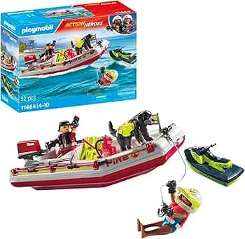 PLAYMOBIL Action Heroes 71464 Feuerwehrboot mit Aqua Scooter, aufregende Wasserrettung, inklusive Taucherbrille, Schwimmflossen und Rettungsweste, realitätsnahes Spielzeug für Kinder ab 4 Jahren: Amazon.de: Spielzeug