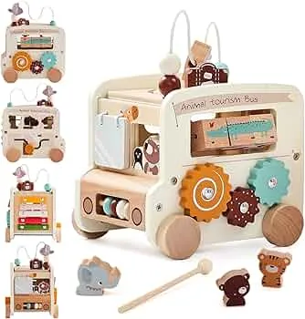 OESSUF Motorikwürfel ab 1 Jahr | Spielwürfel Baby Montessori Spielzeug ab 1 Jahr | 9 in 1 Bus Activity Würfel Holz Baby Motorikspielzeug für 12+ Monate Mädchen Jungen Geburtstags Geschenk Beige: Amazon.de: Spielzeug