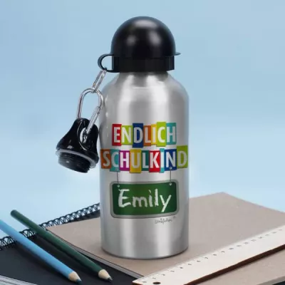 Silberne Trinkflasche "Endlich Schulkind" mit Ihrem Wunschnamen bedruckt