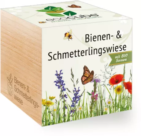 Bienen- & Schmetterlingswiese im Holzwürfel mit Bio-Samen | green your life - Nachhaltige Geschenke und Design-Produkte kaufen