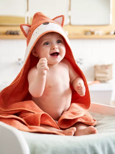 Vertbaudet Baby-Set: Badetuch und Waschhandschuh „Fuchs“ in orange/fuchs