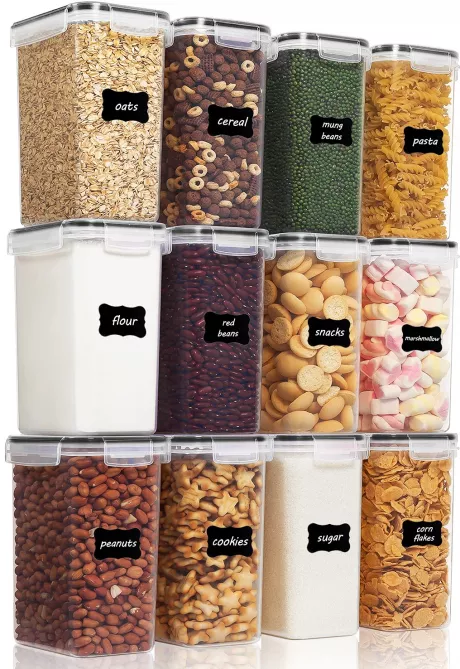 Vtopmart 2L Storage Jars Set, Cereal Storage Container & Food Storage Containers, BPA-Free Plastic Storage Containers, Airtight, Dry Food Container, Set of 12, 24 Labels for Cereals, Flour, Sugar etc. (Black) : Amazon.de: Home & Kitchen